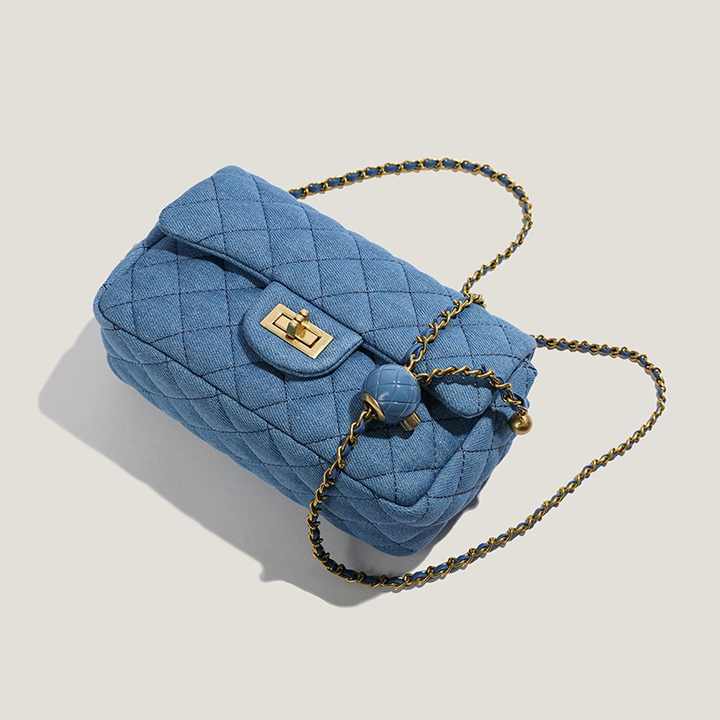 Quilted Denim Chain Shoulder Bag – Crossbody Flap Bag for Women Blue