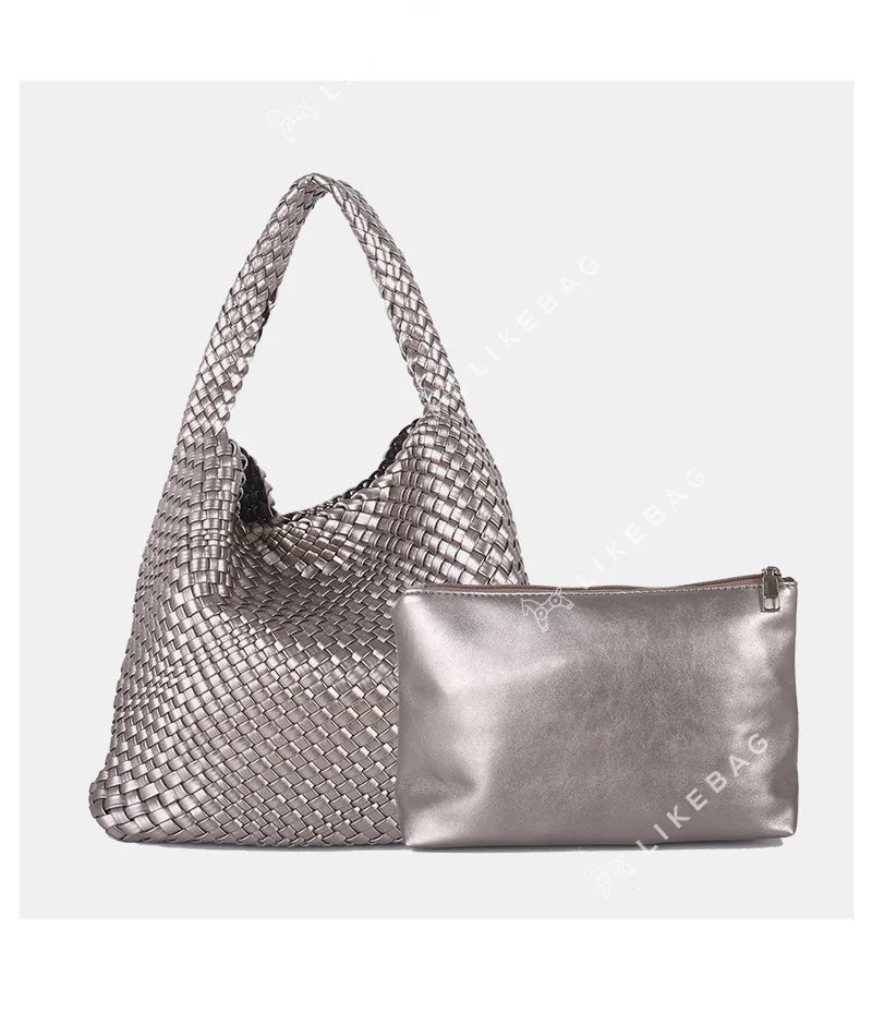 Woven Vegan Leather Hobo Tote Bag – Large Shoulder Bag for Women