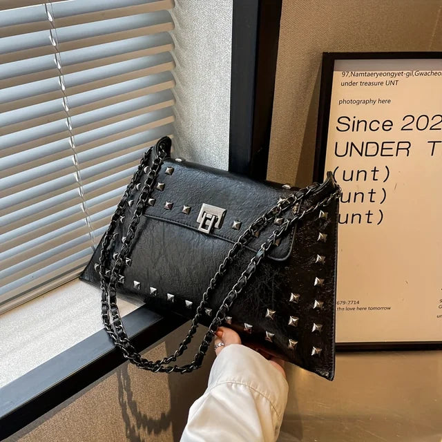 Studded Vegan Leather Shoulder Bag – Chain Strap Handbag for Women