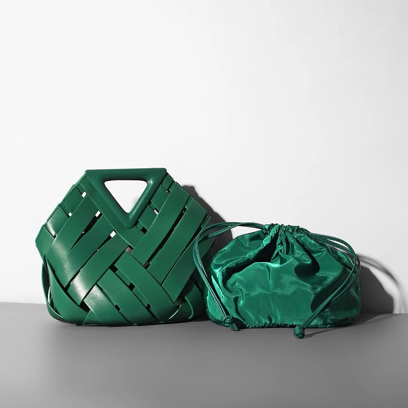 Woven Leather Geometric Top Handle Bag – Structured Handbag for Women