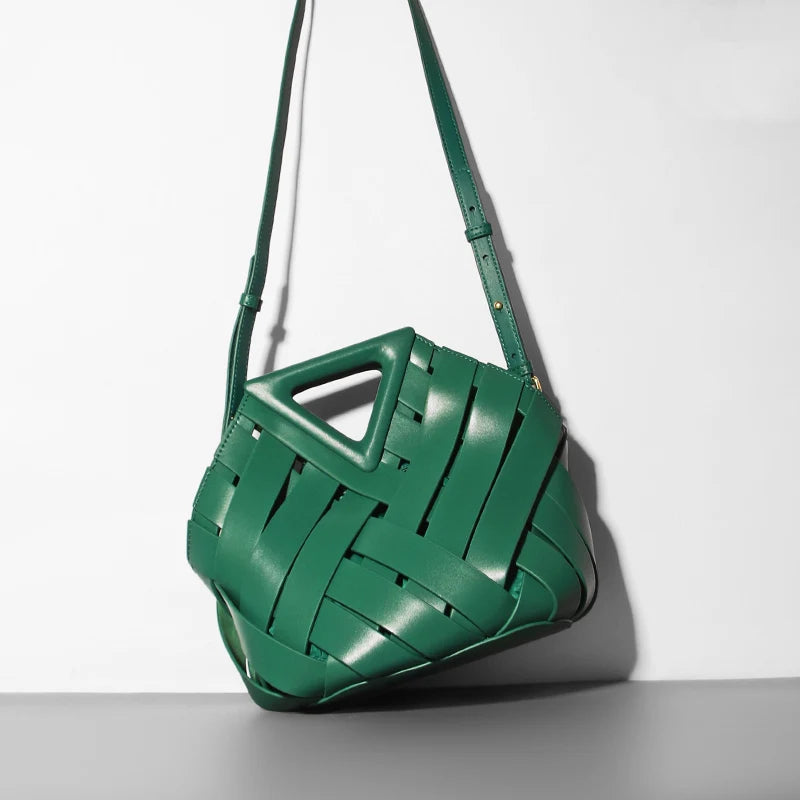 Woven Leather Geometric Top Handle Bag – Structured Handbag for Women