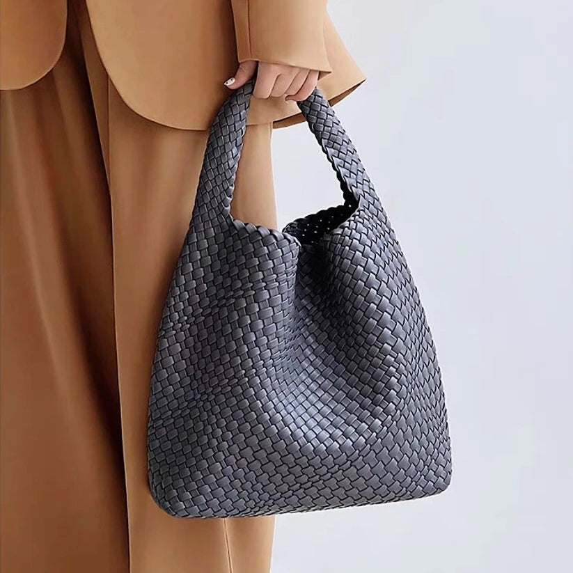 Woman carrying large woven tote shoulder bag – ARLANA Lucy