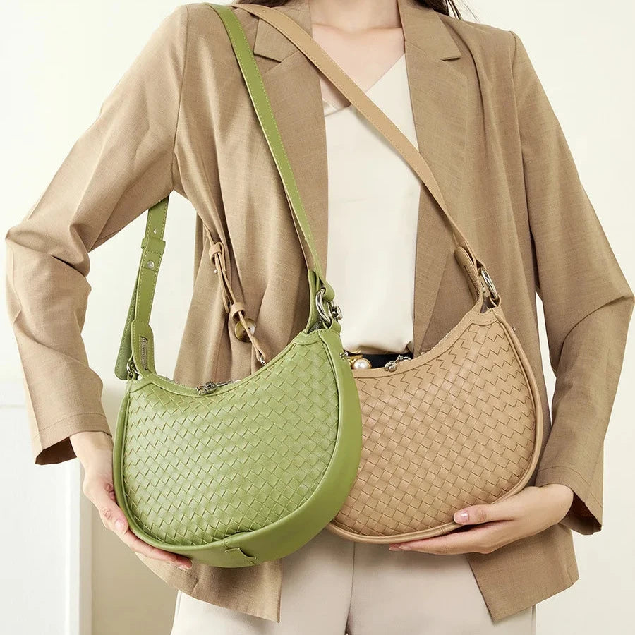 Woven Vegan Leather Crescent Shoulder Bag – Hobo Crossbody Purse for Women