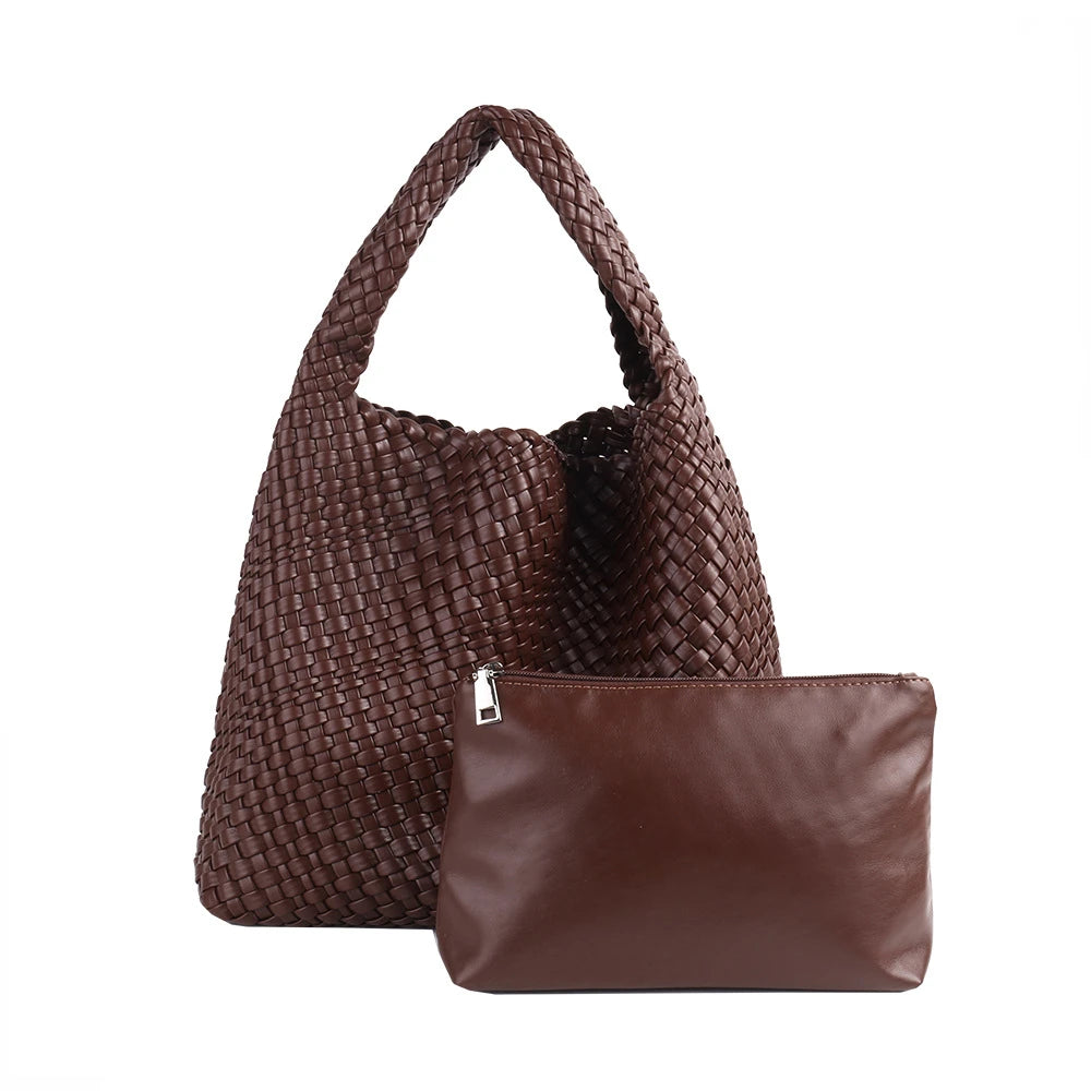 Large woven vegan leather hobo tote bag in coffee brown – ARLANA