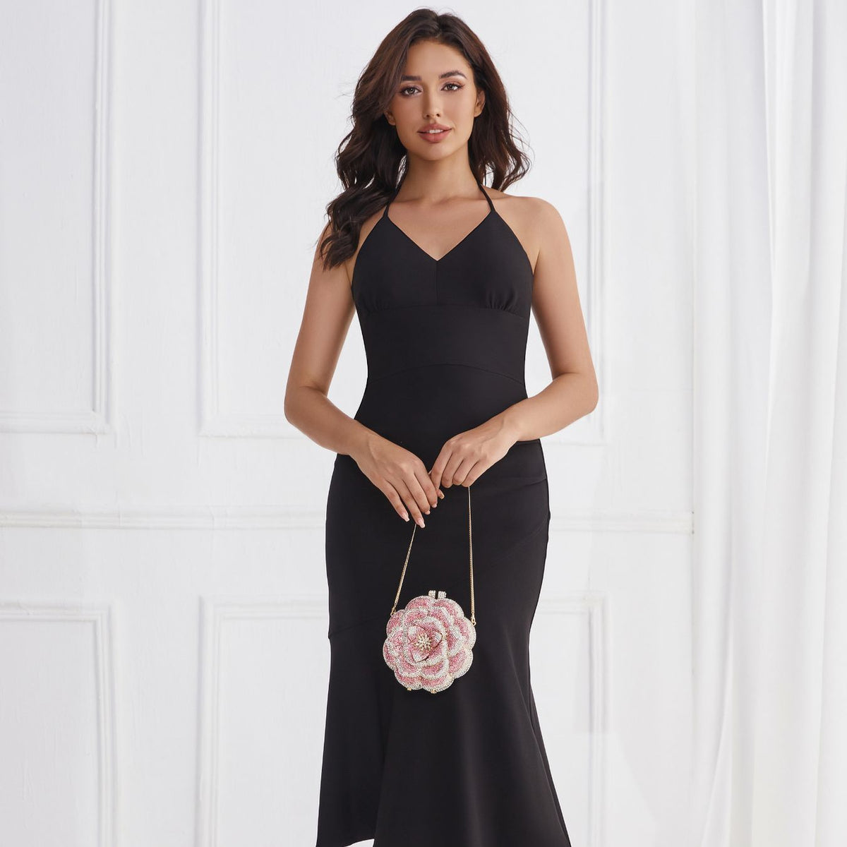 Gold chain strap on pink beaded rose evening bag – ARLANA

