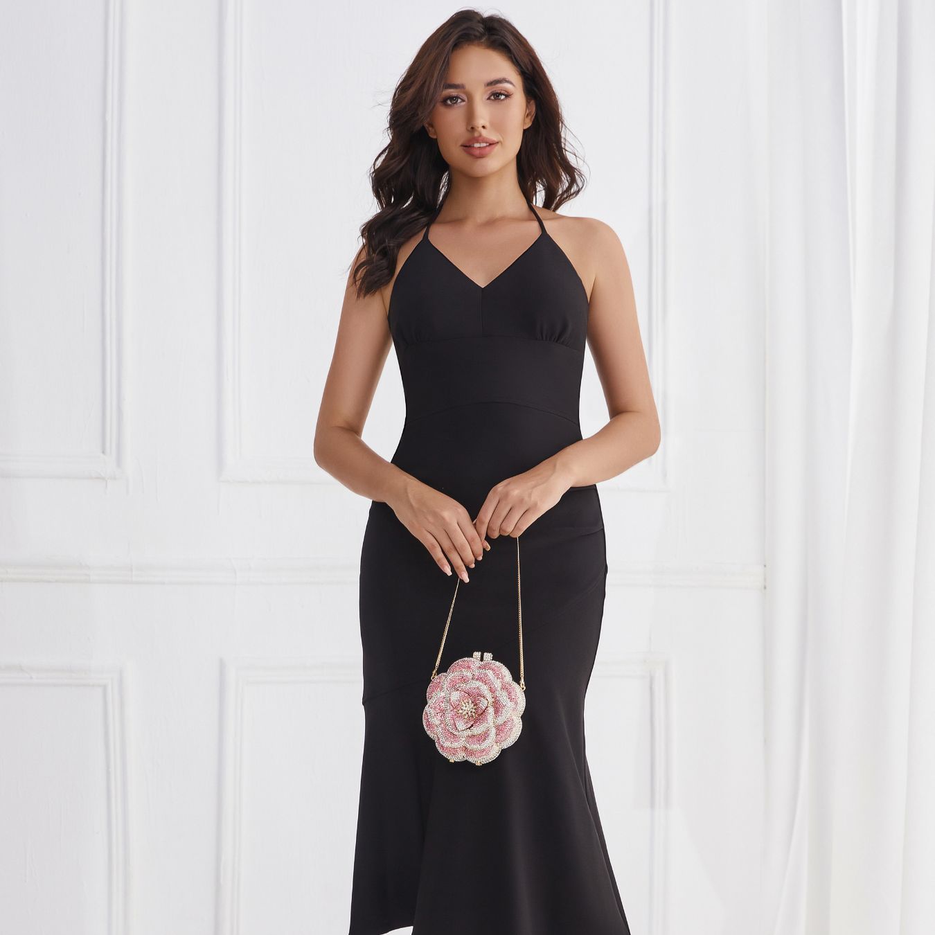 Gold chain strap on pink beaded rose evening bag – ARLANA

