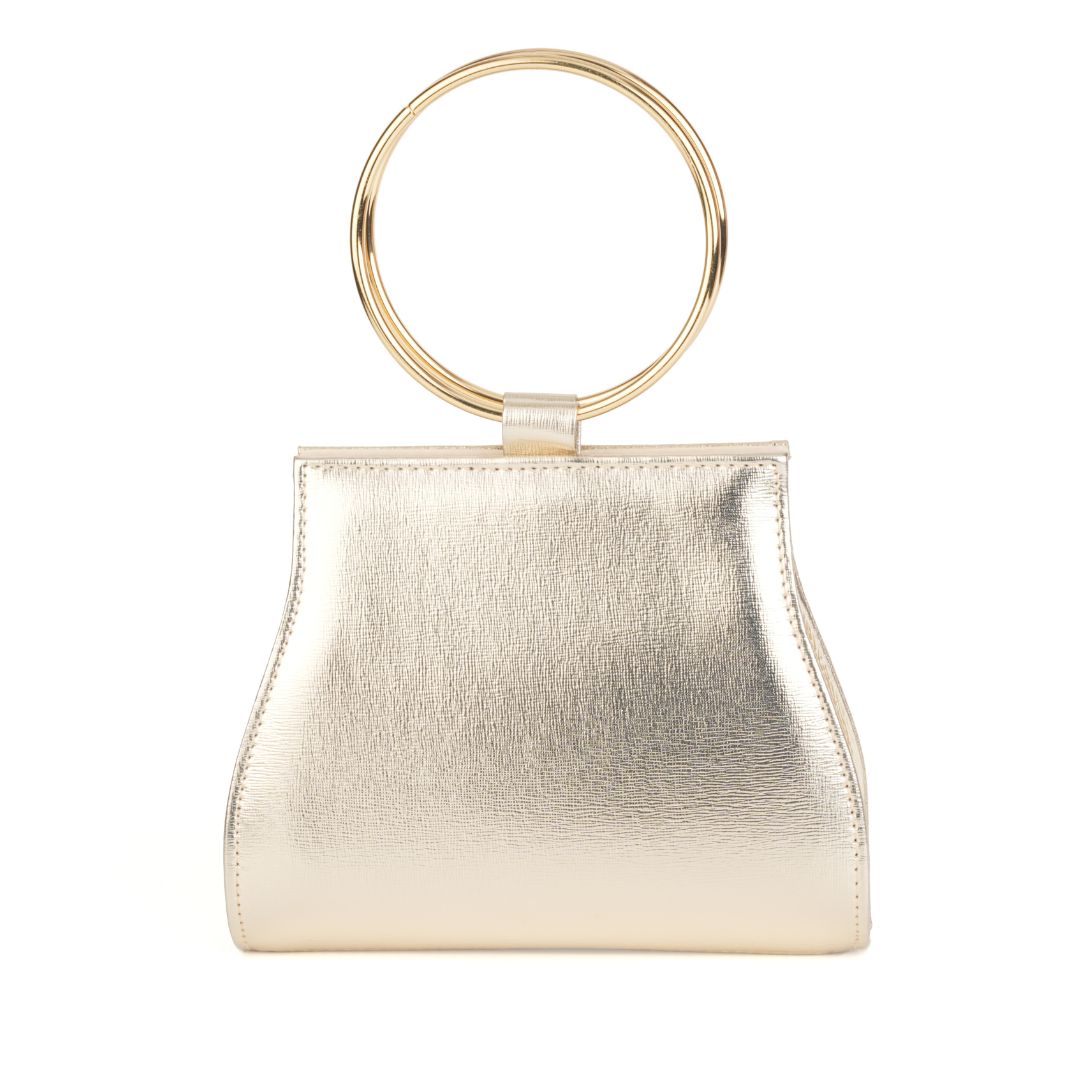 Sculptural gold ring handle on rhinestone mesh evening bag – ARLANA