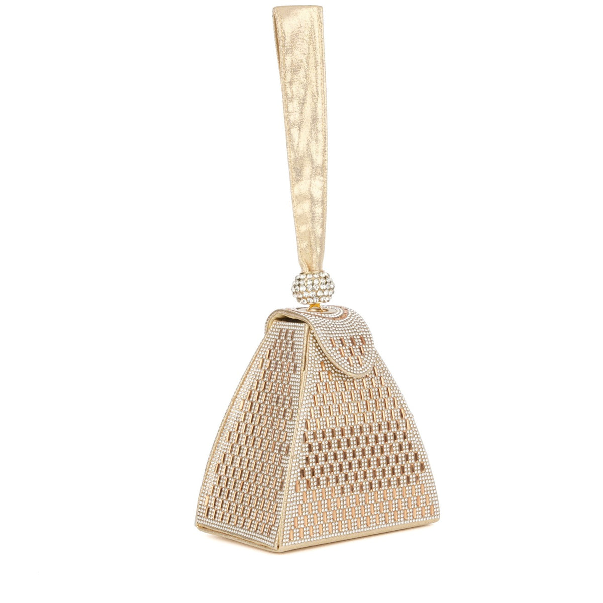Crystal embellished top handle on gold metal pyramid bag – ARLANA
