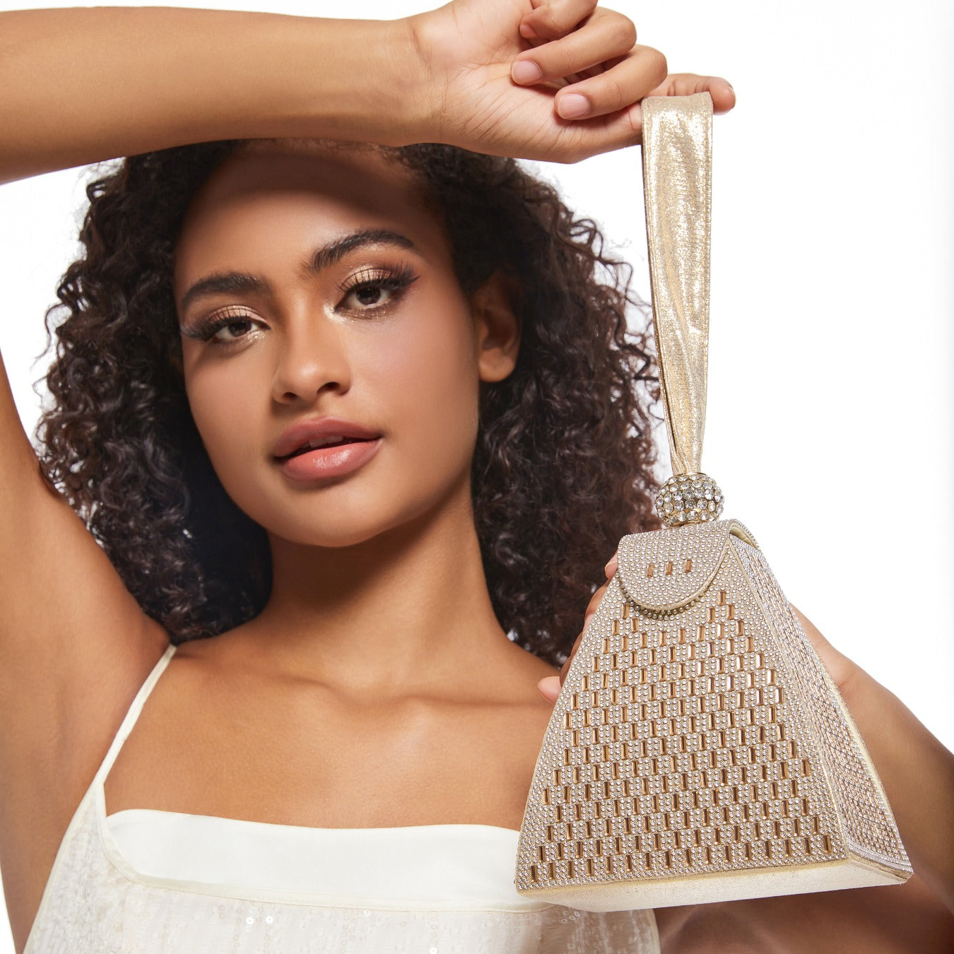 Woven Metal Pyramid Bag – Sculptural Top Handle Evening Handbag for Women