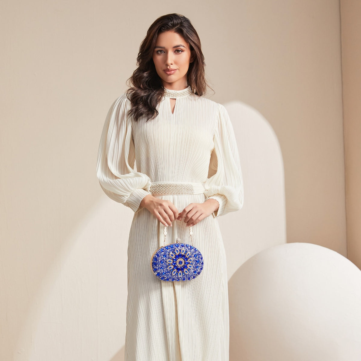 Embroidered Beaded Oval Clutch Bag – Floral Evening Purse for Women