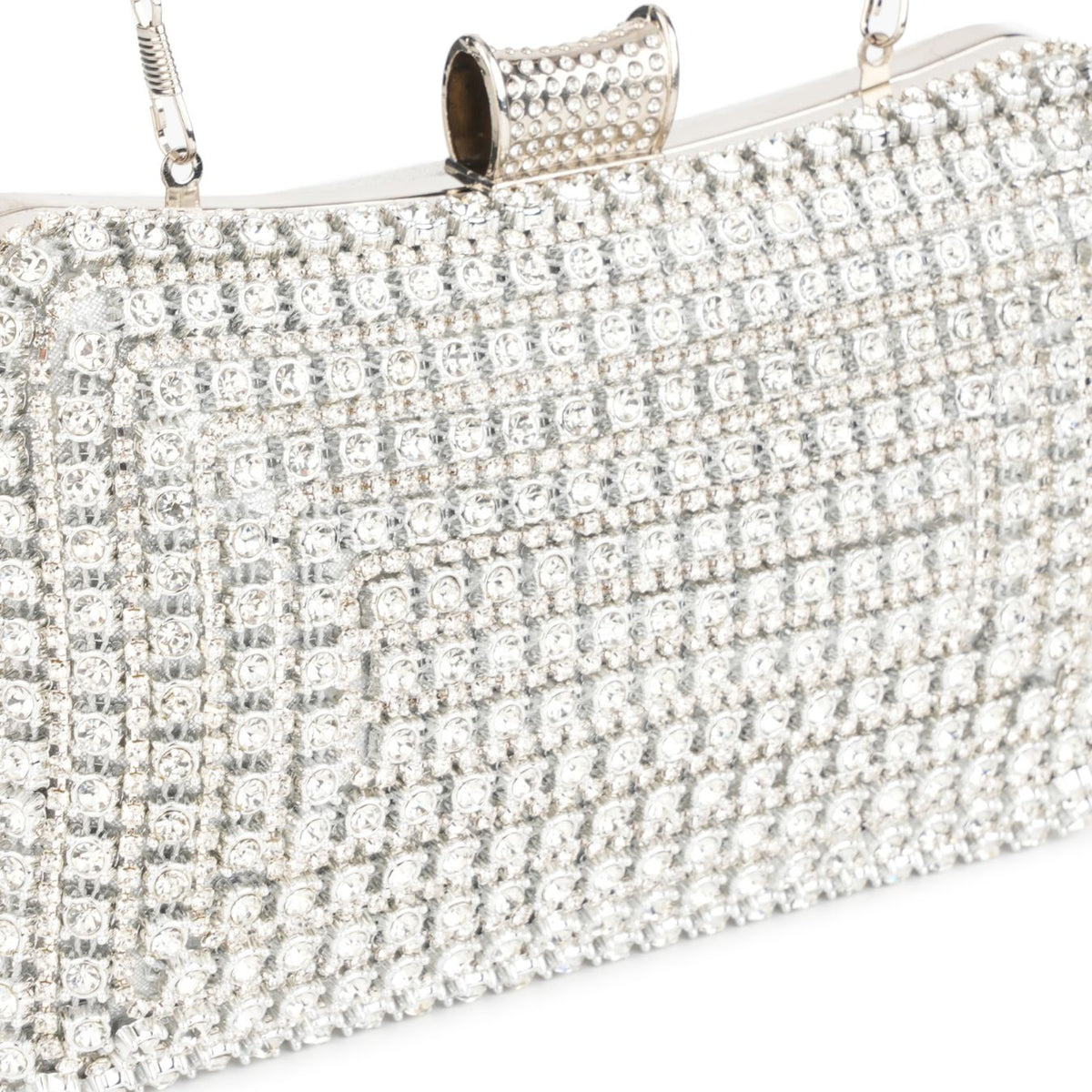 Close-up of rhinestone stud coverage on gold evening clutch – ARLANA