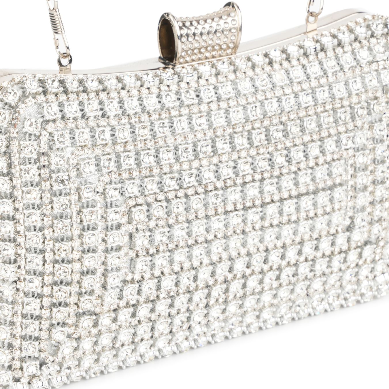 Close-up of rhinestone stud coverage on gold evening clutch – ARLANA
