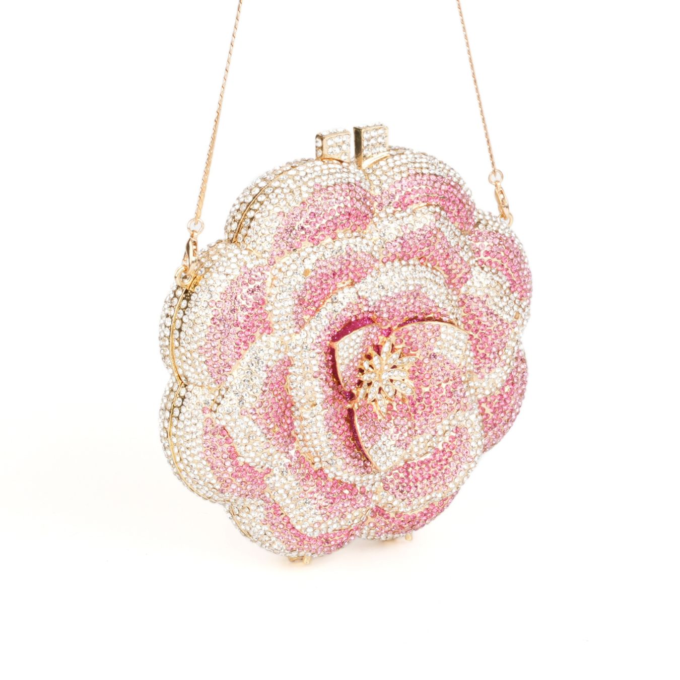 Top view of layered 3D beaded rose petals on pink clutch – ARLANA