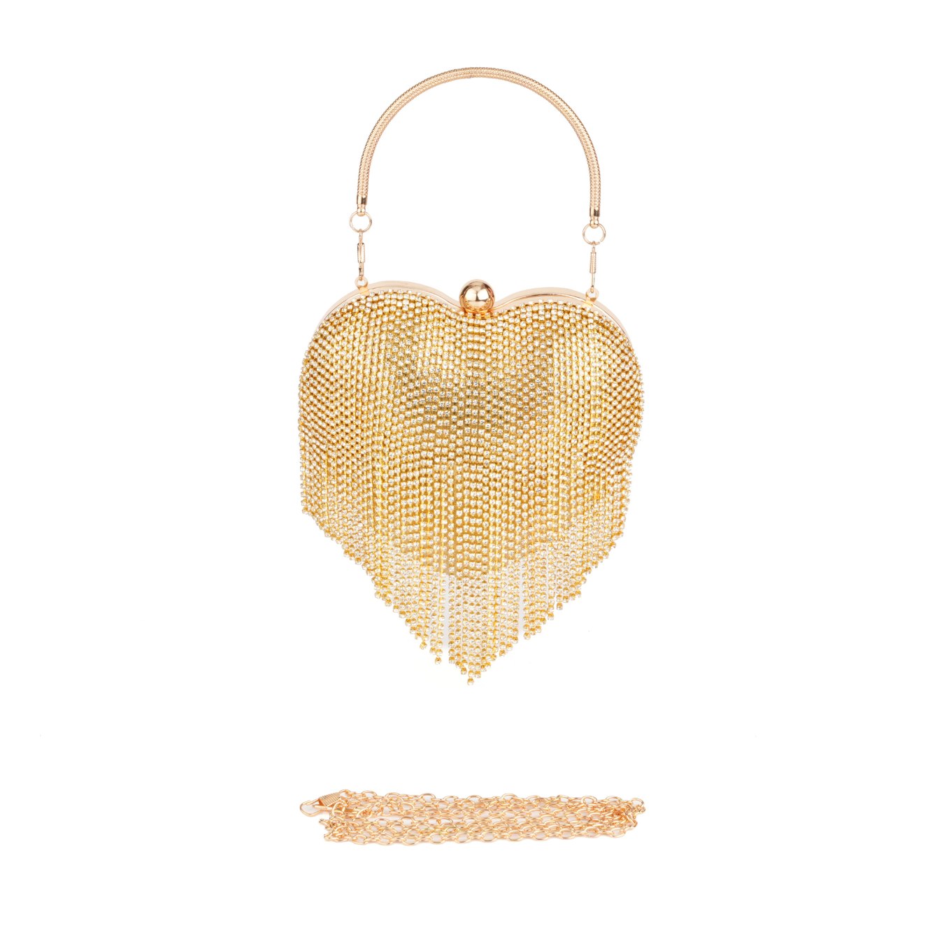 Heart Shaped Rhinestone Fringe Clutch Bag – Evening Purse for Women Gold