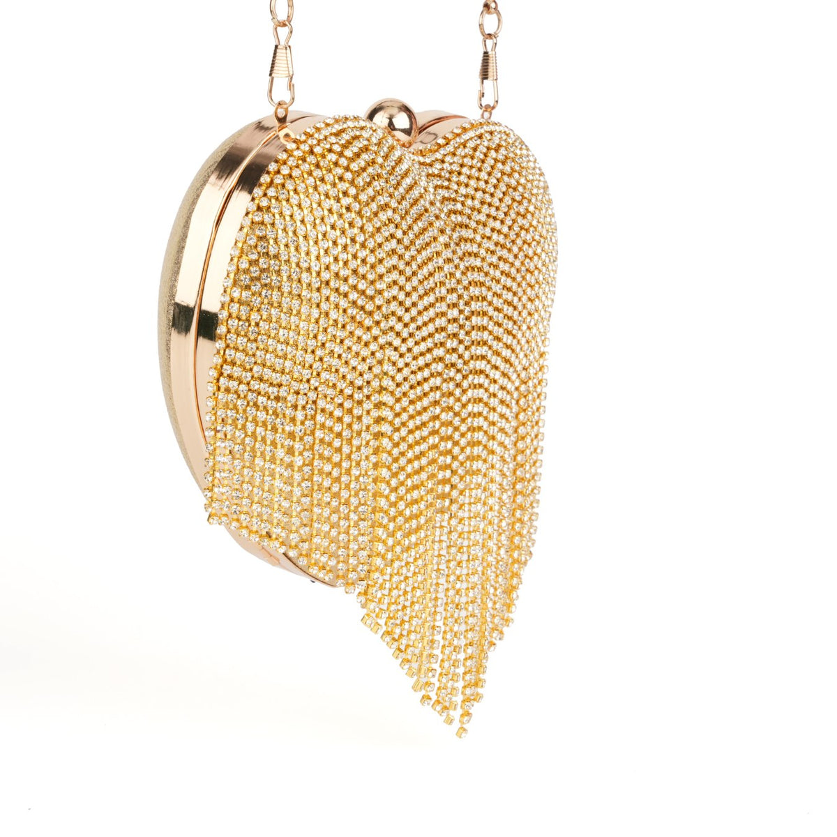 Cascading fringe detail on heart shaped rhinestone clutch – ARLANA