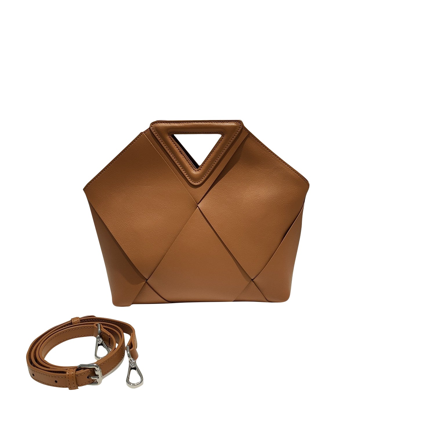 Close-up of hardware detail on angular vegan leather tote – ARLANA