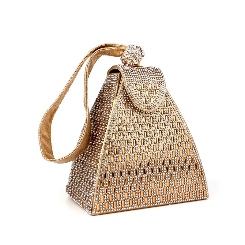 Side profile of gold woven metal triangular pyramid bag – ARLANA