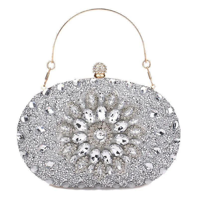 Silver floral beaded oval clutch bag – ARLANA Royale
