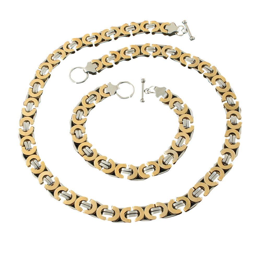 Fashion Link Stainless Steel Gold Jewelry Set: Necklace, Bracelet, Heart Earrings for Women & Men - SCAZATCI