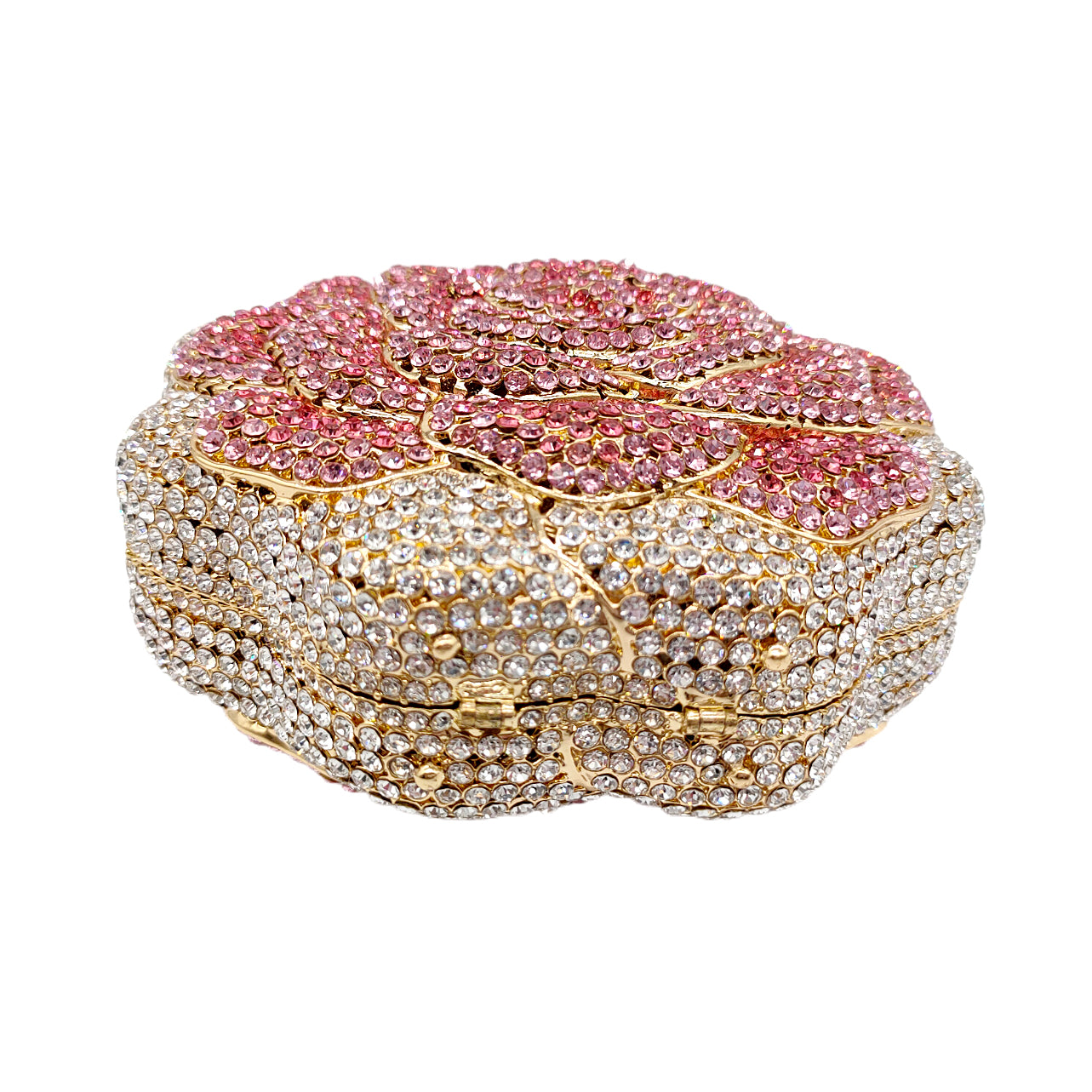 Close-up of crystal rhinestone accents on 3D flower clutch – ARLANA