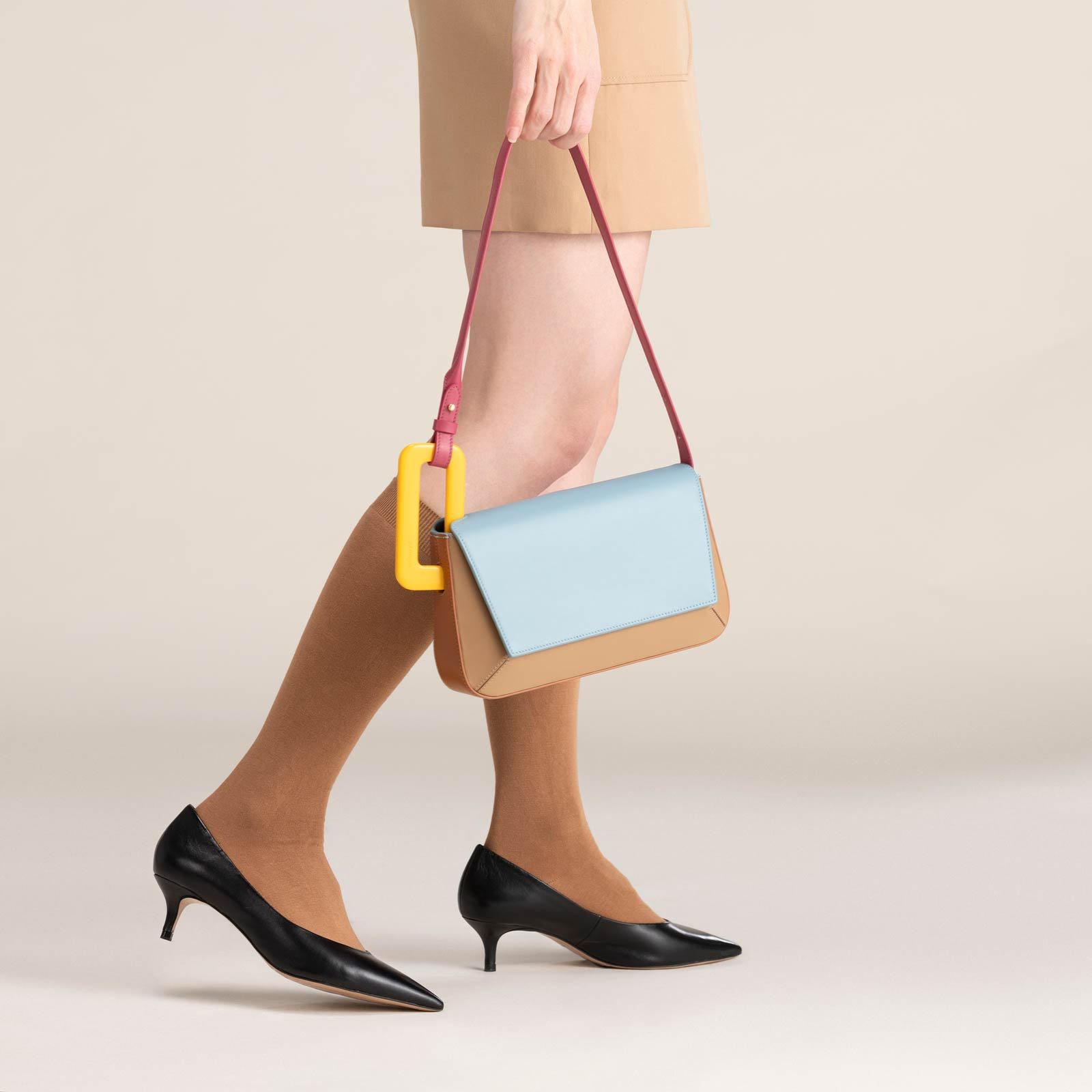 Color block patchwork top handle bag in sky blue and yellow – ARLANA Patchwork